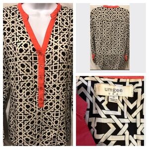 Umgee Black & White Geometric Tunic with Coral  – Size Small